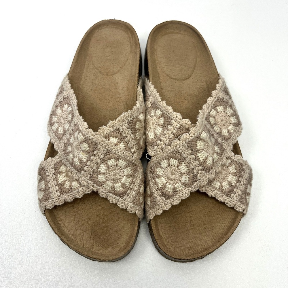 Haute Hippie Crochet Cross Band Slides Sandal Cork Footbed 8.5 Boho Beach